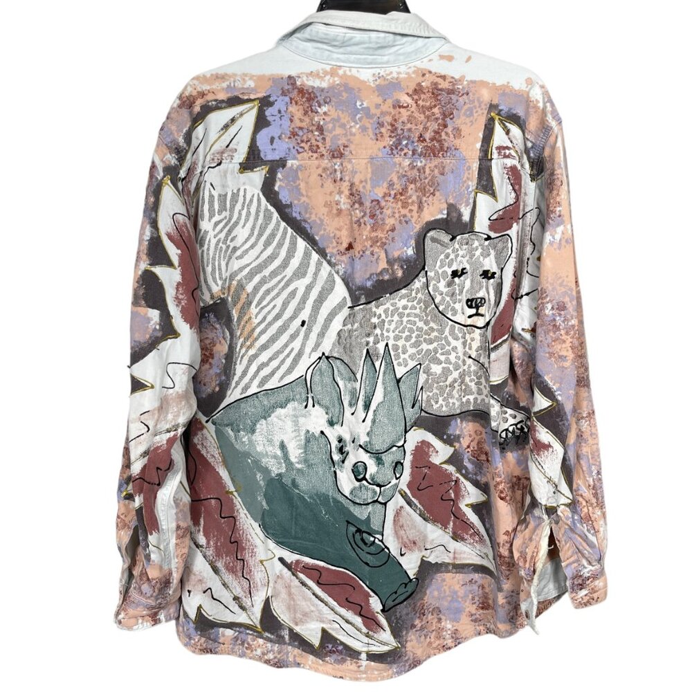 Vintage Kolorway USA Denim Button Up Shirt Womens Large Hand Painted Art to Wear - Picture 2 of 14